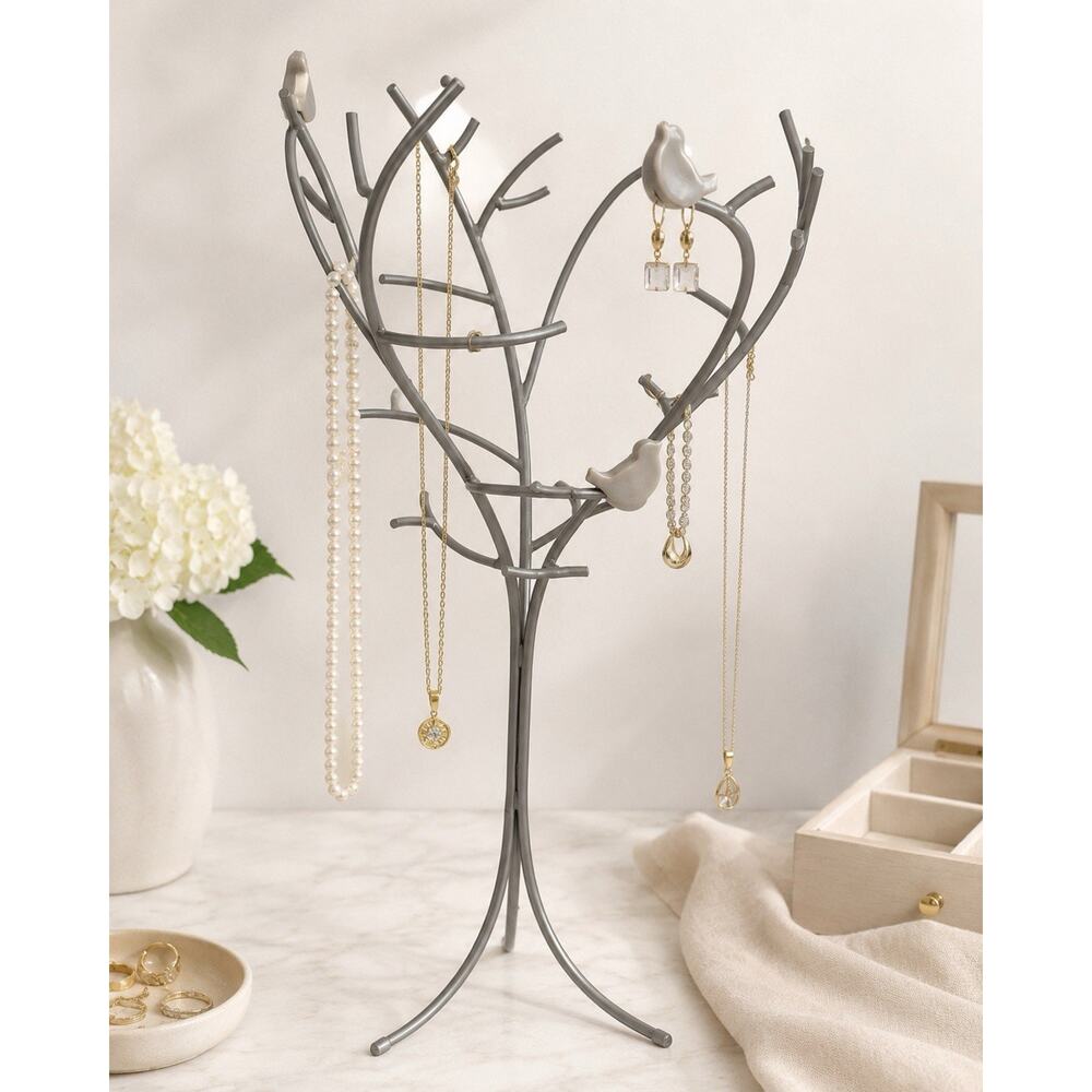 Decorative Bird Tree Jewelry Holder Stand Metal Necklace Organizer Gray